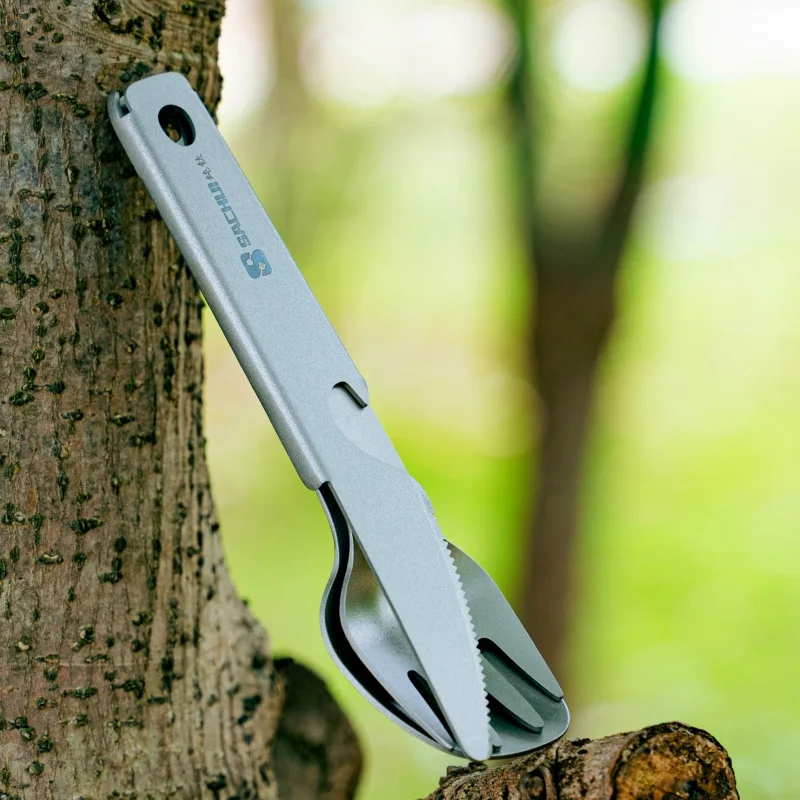 Pure titanium knife, fork, spoon, foldable handle, wild picnic tableware portable set