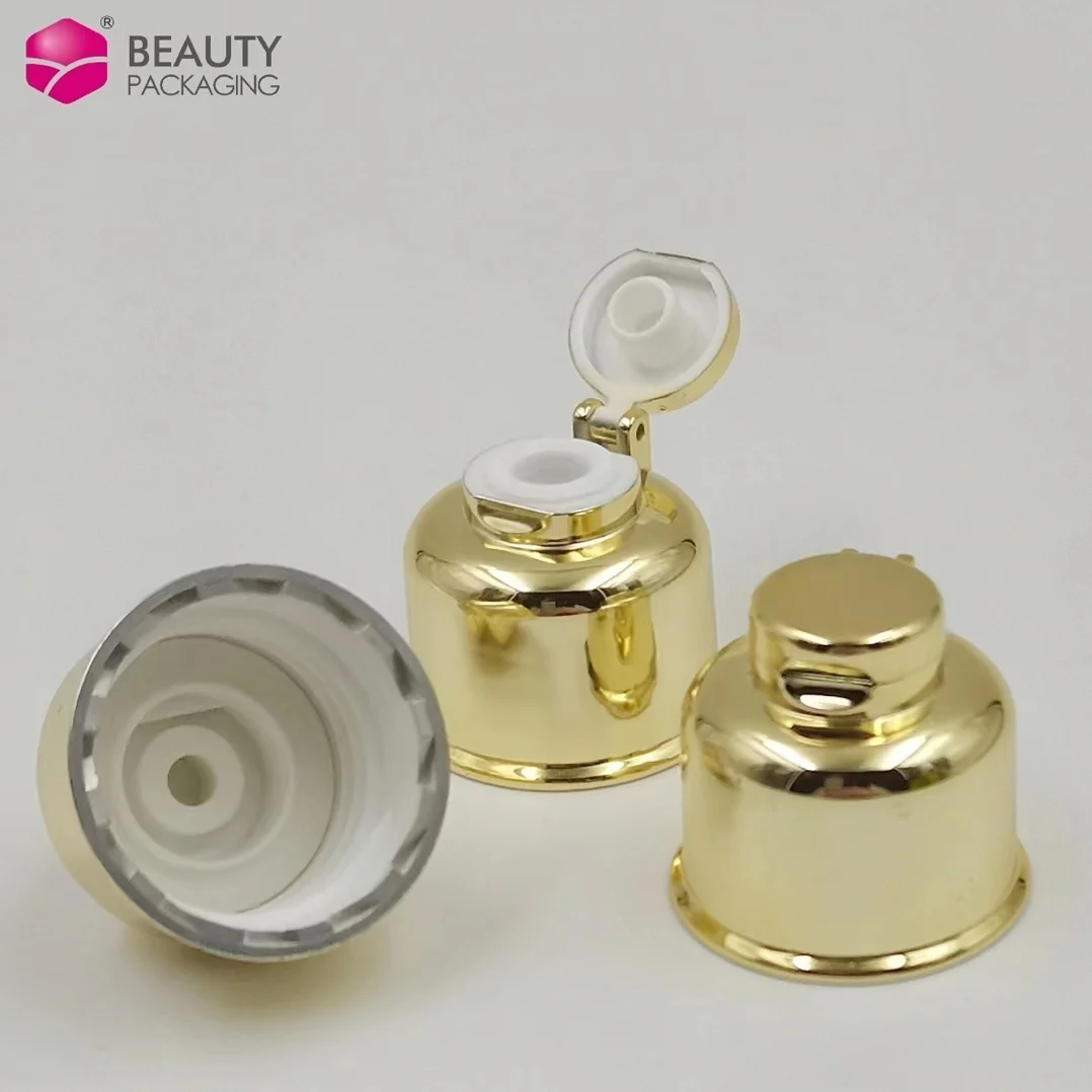 Manufacturer 24mm 28mm UV aluminum shiny Gold silver Cosmetics Plastic Bottle Bell Shape flip top cap lid