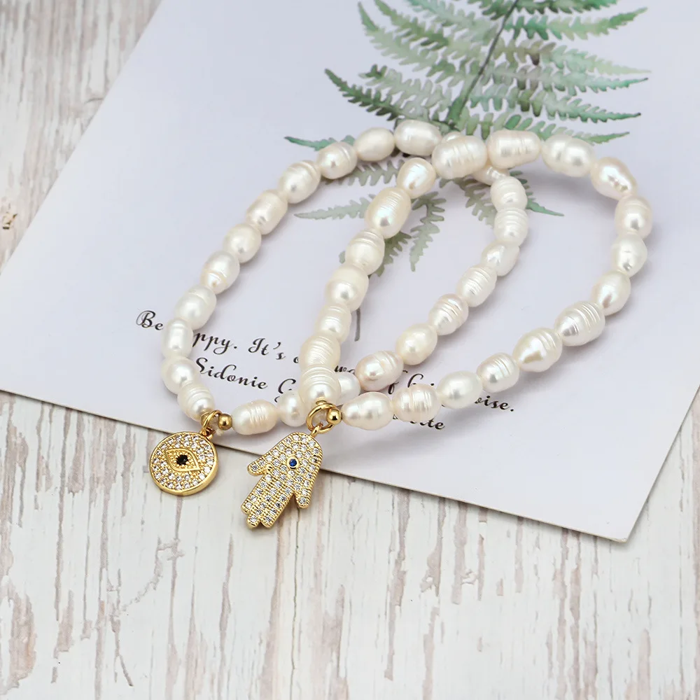  Baroque Freshwater Pearl Beads Bracelet Gold Plating Full Zirconia Hand