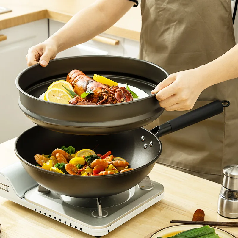 32cm Fine Iron Frying Pan Household Cooking Iron Pan with Steamer