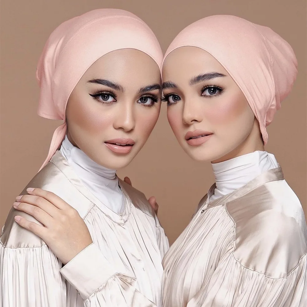 2022 New Underscarf Custom Plain Instant Silk Cotton Hijab With Inner Jersey Bonnet Caps Headscarf Long Satin Shawl Scarf