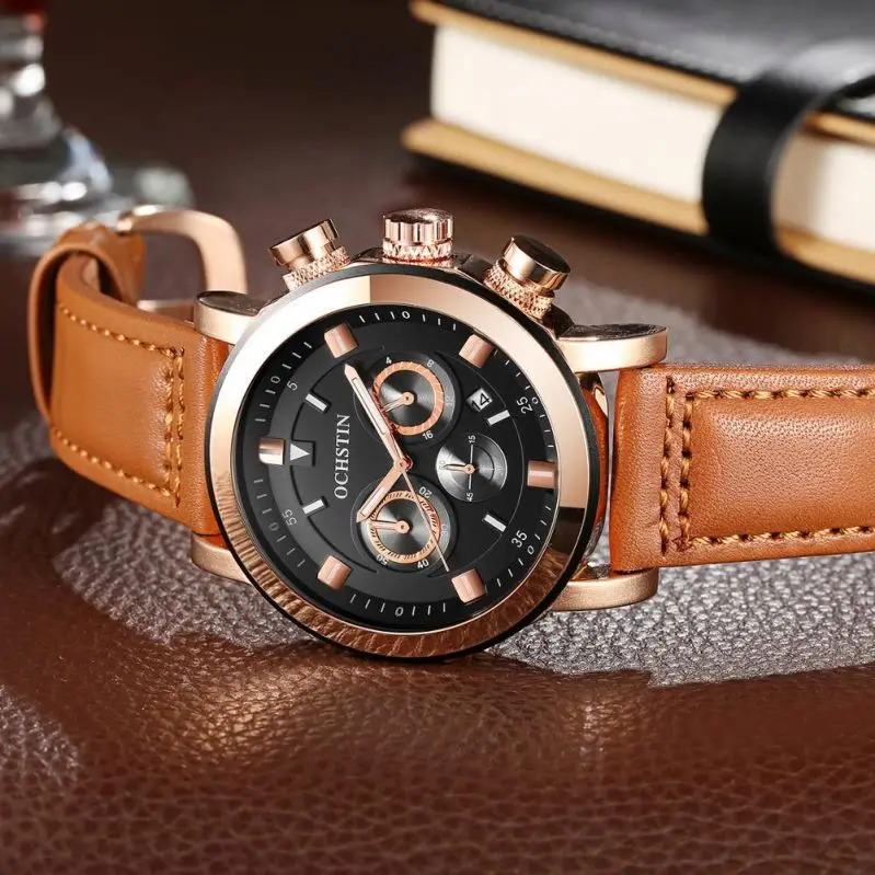 OCHSTIN 064 top 10 brands China mens clock nice Genuine Leather Strap 24 hour Chronograph Waterproof Casual reloj watch