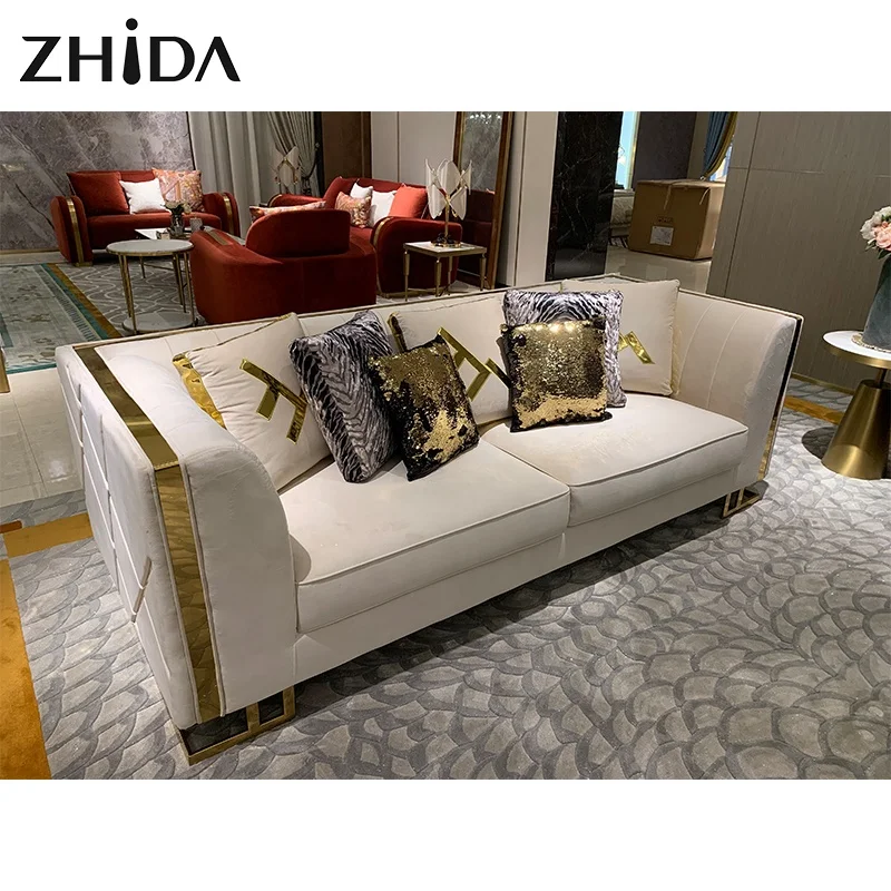Italian sofa luxury style villa household furniture golden metal leg living room velvet sofa set