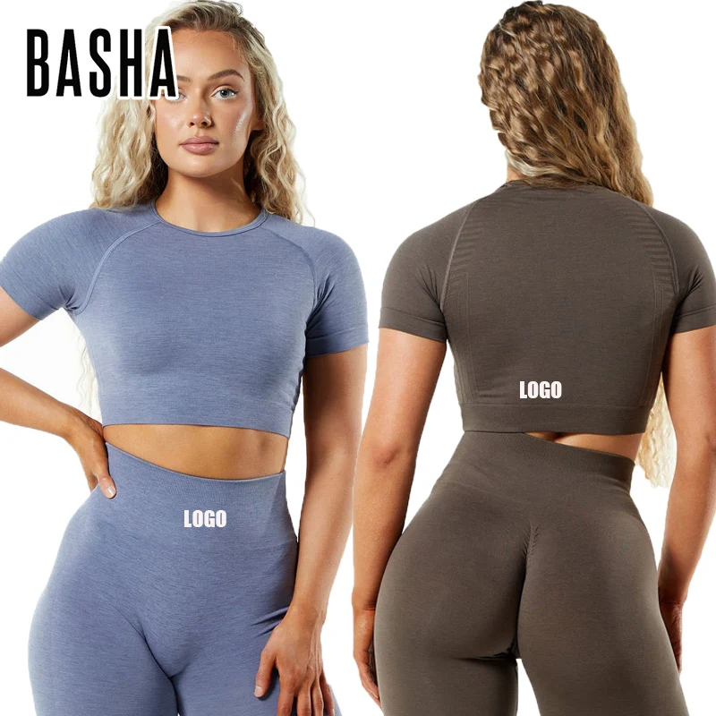 BASHASPORTS Seamless Short Sleeve Shorts Sportswear Jacquard Short Sleeve Shorts Set Yoga Set Gym Fitness Set Activewear