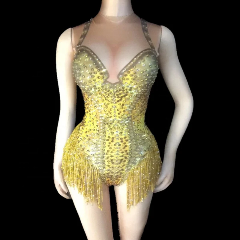 Fashion Stretch Sleeveless Rhinestone Tassel Pole Dance Leotard Show Exotic Stripper Outfits Dancewear Women Jumpsuits Bodysuits