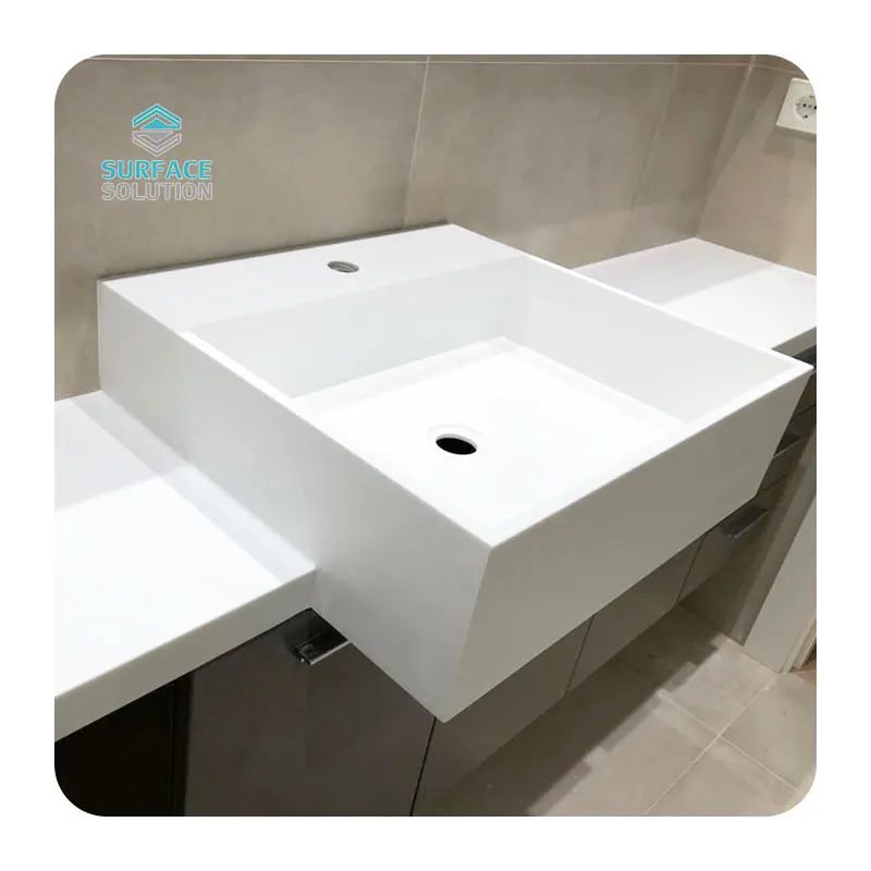 Modern white color artificial stone korean acrylic solid surface double basin bathroom vanity top with sink