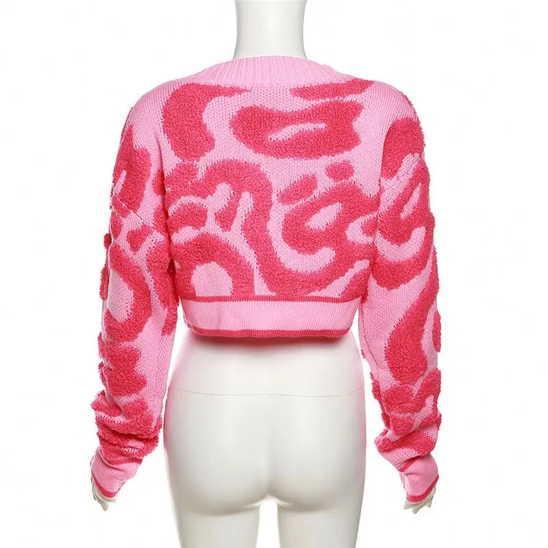 2023 Custom Women Sweater Long Sleeve Knit Women Clothes Pink Patchwork Colors Knitted Cropped Cardigan Sweater Women