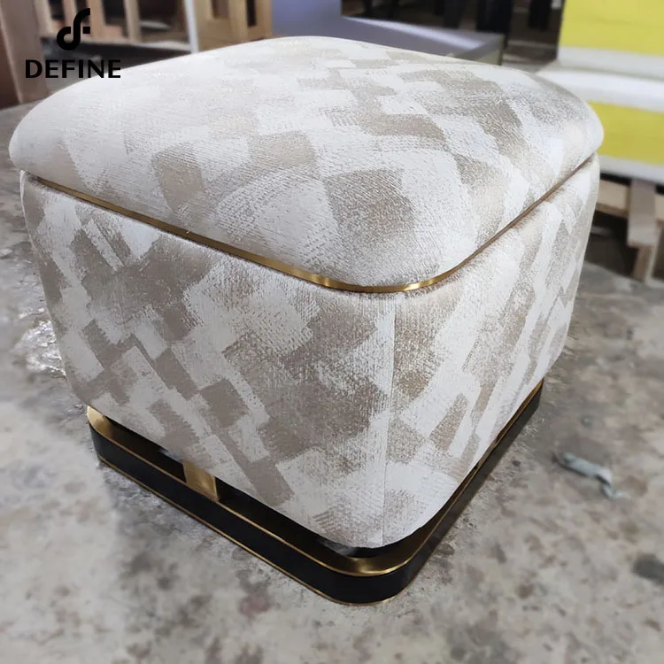 Customized Square Footstool Fabric Golden Metal Base Ottoman For Home Living Room Bedroom Furniture