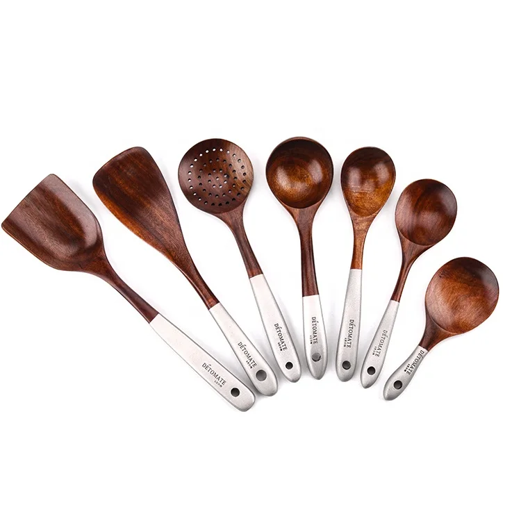 Eco-friendly Home cook utensils set wooden kitchen accessories with 7 pieces reusable cookware tools for cooking