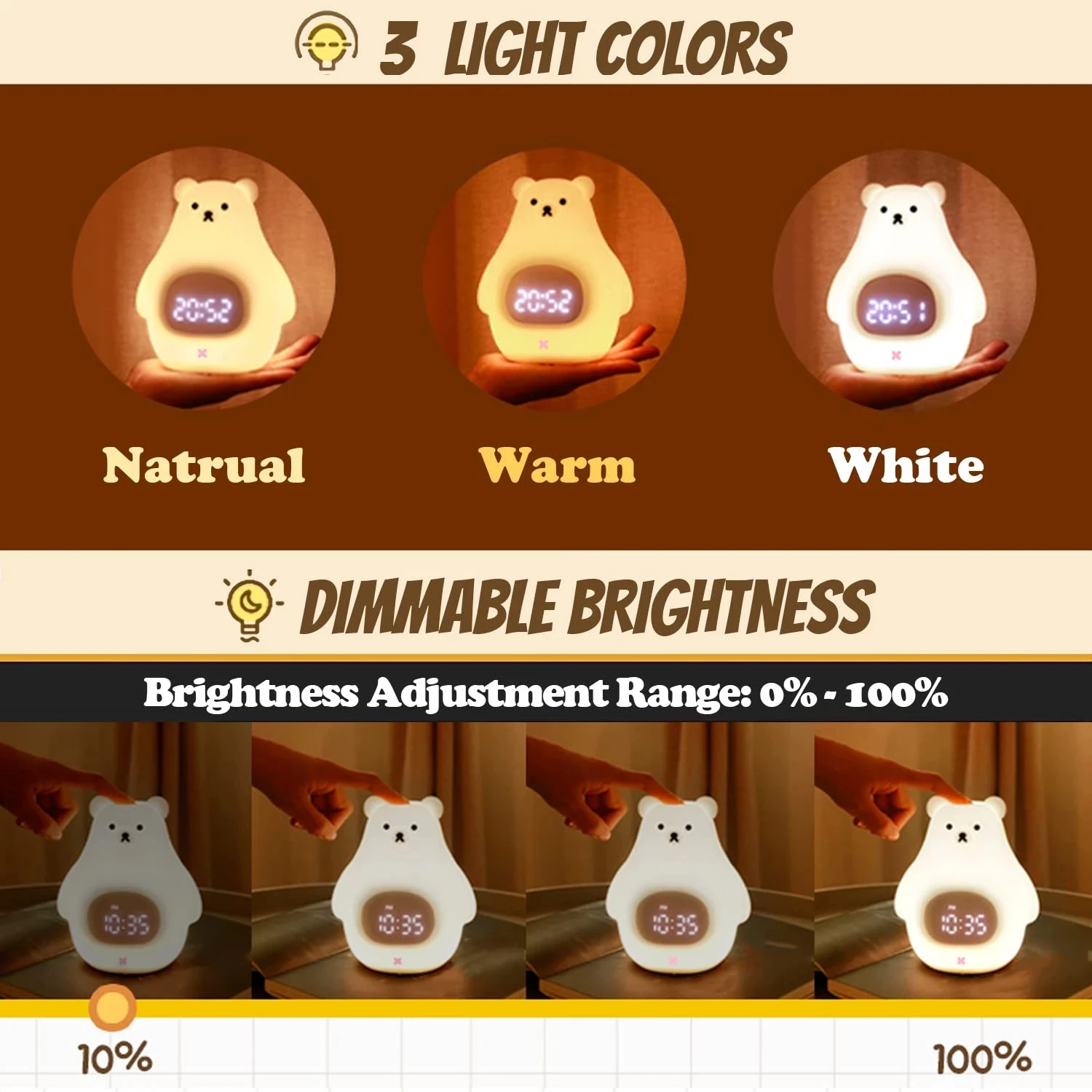 Cute Bear Table Lamp Led Lights Luminary Nightlights Alarm Clock Light Home Decor Accessories Birthday Gifts for Kids Lighting