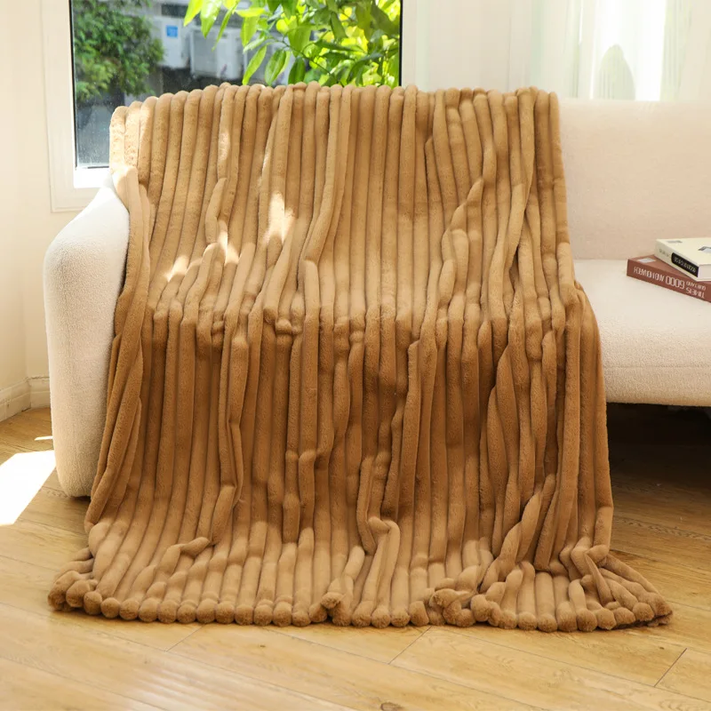 Luxury Jacquard Striped Faux Fur Throw Blankets Cozy Texture Milky Fluffy Plush Blanket for Sofa Couch