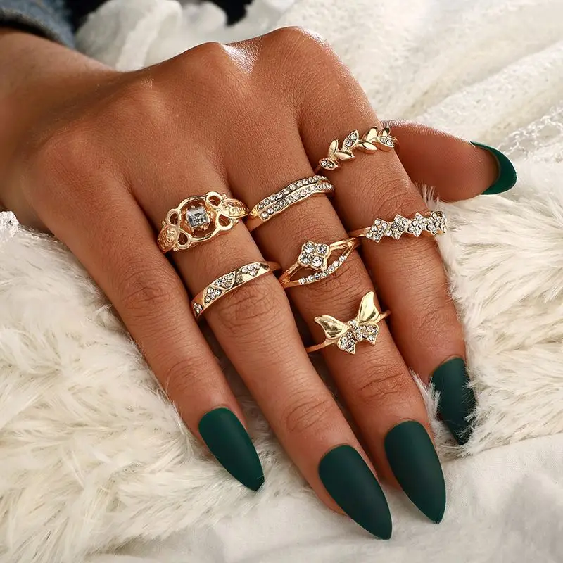
Summer Butterfly Fashion Jewelry Set Zircon Cuban Chain Gold Plated Rings Pigeon Chip Chunky Rings 
