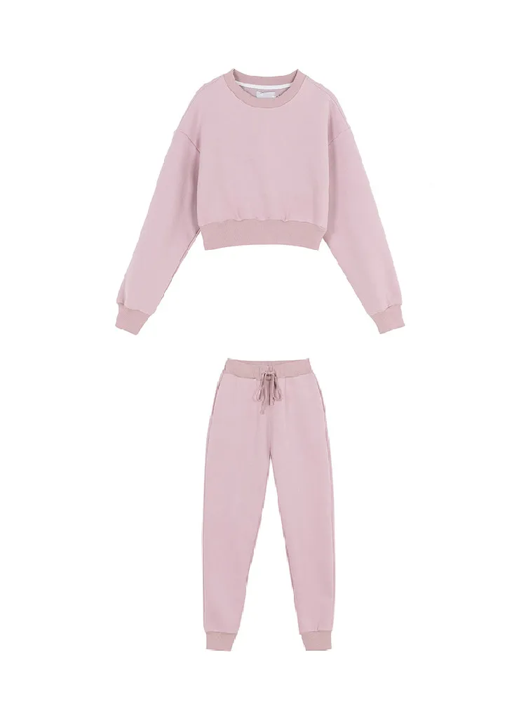 2022 Custom logo Wholesale for Women Crop Top Hoodie and Jogging Pants Set Crop Top and High Waist Pants