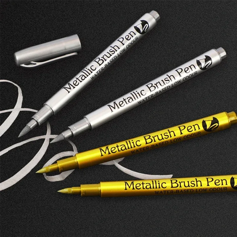 2 1pc Brush Metallic Marker Pens Gold Silver Color Permanent Art Marker For Manga Crafts Scrapbooking School Stationery Supplies