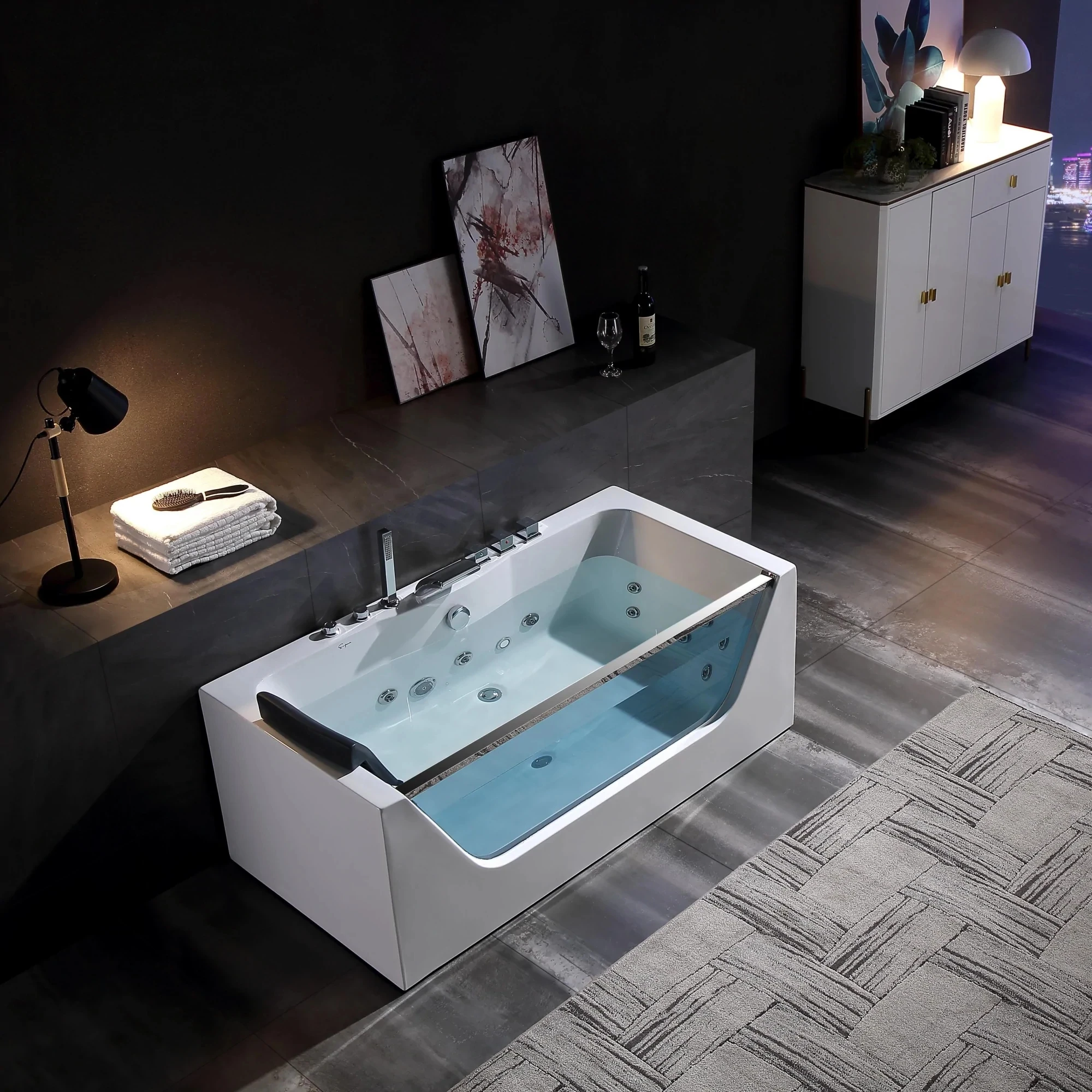 Hot Selling White Whirlpool Acrylic Bathtub Spa Hydro Massage adult for 1 Person with Pillow Three Sided Art Skirt Bathroom Tub