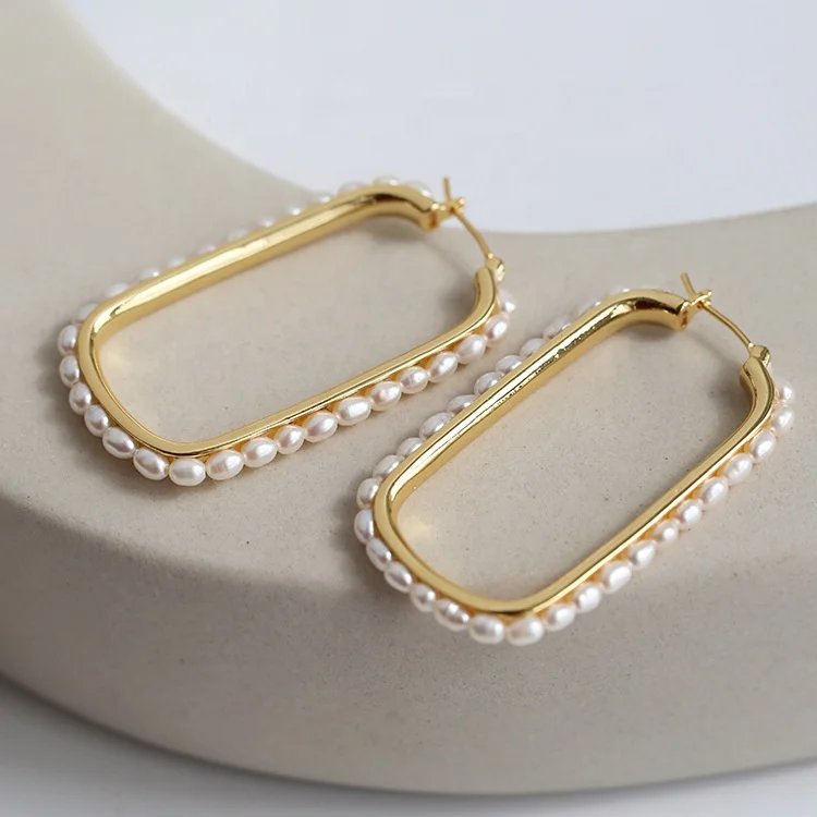 Hot selling unique women jewelry double square shape pearl earrings