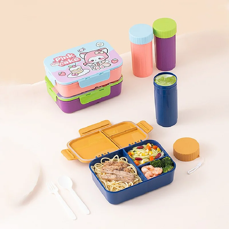 AMZ Cute Microwave Safe Plastic Flip Lid Student Bento Box Water Bottle Set cartoon Office Portable Compartmentalized Lunch Box