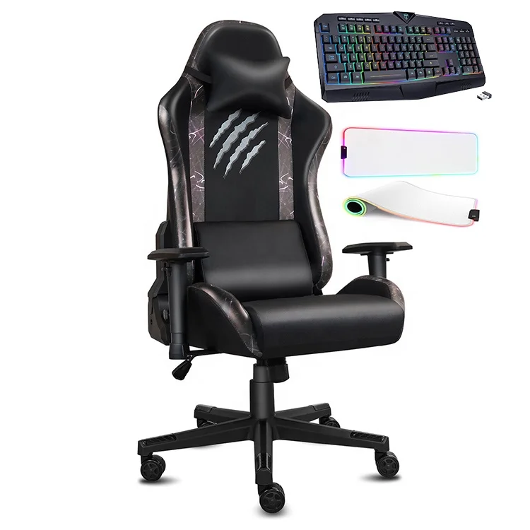 Custom Spain Grey Leather Ergonomic 2d Computer Gaming Chair Racing Reclining Office Desk Chair with Rgb Mouse Mat Pad Keyboard
