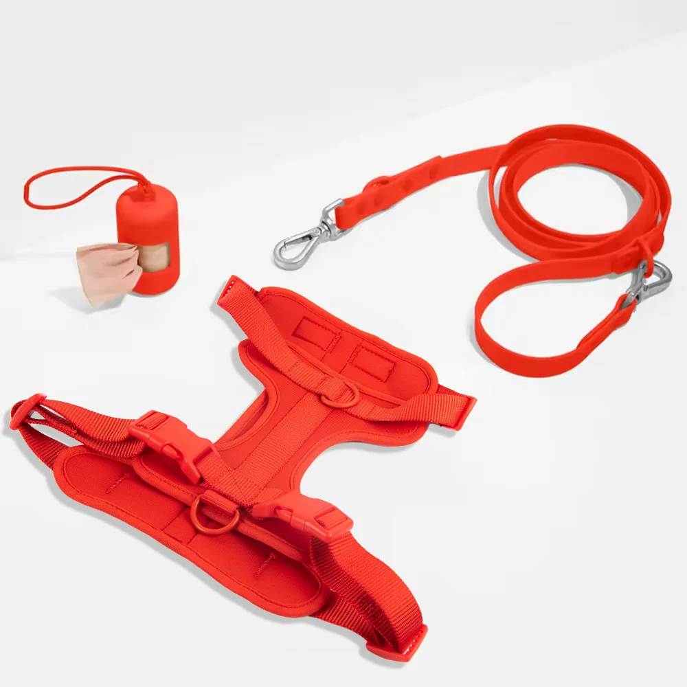Logo Custom Luxury Waterproof Neoprene PVC 3 in 1 Pet Walk Kit Dog Harness Set Adjustable Soft PVC Dog Leash and Collars Set