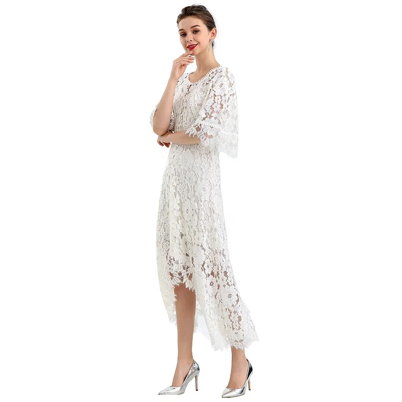 ND078-4 custom odm oem Peony lace cape sleeve flared asymmetric hem midi evening dress factory for women