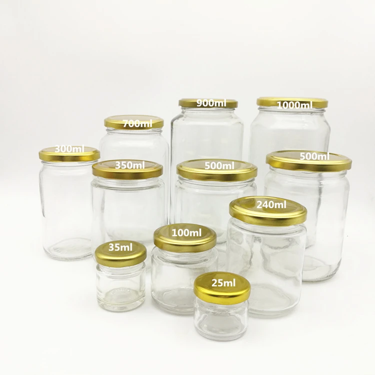 Food grade round transparent 25ml to 1000ml jam honey Pickle  jelly glass storage jar with metal airtight lid