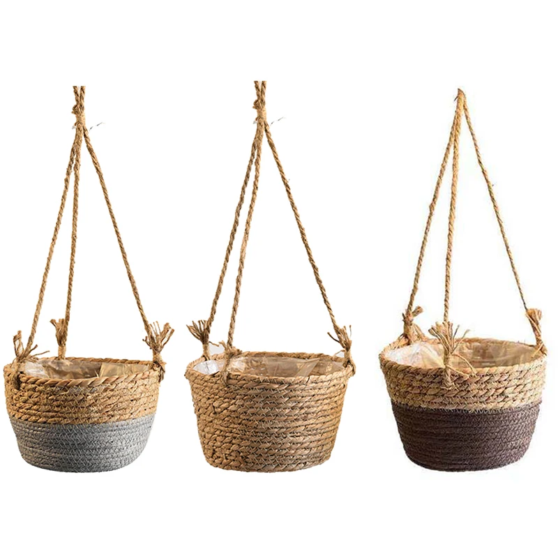Natural Straw Woven Hanging Planter Baskets Garden Potted  Hanging Vase Large Capacity Rattan Basket Hand Woven Plant Holder