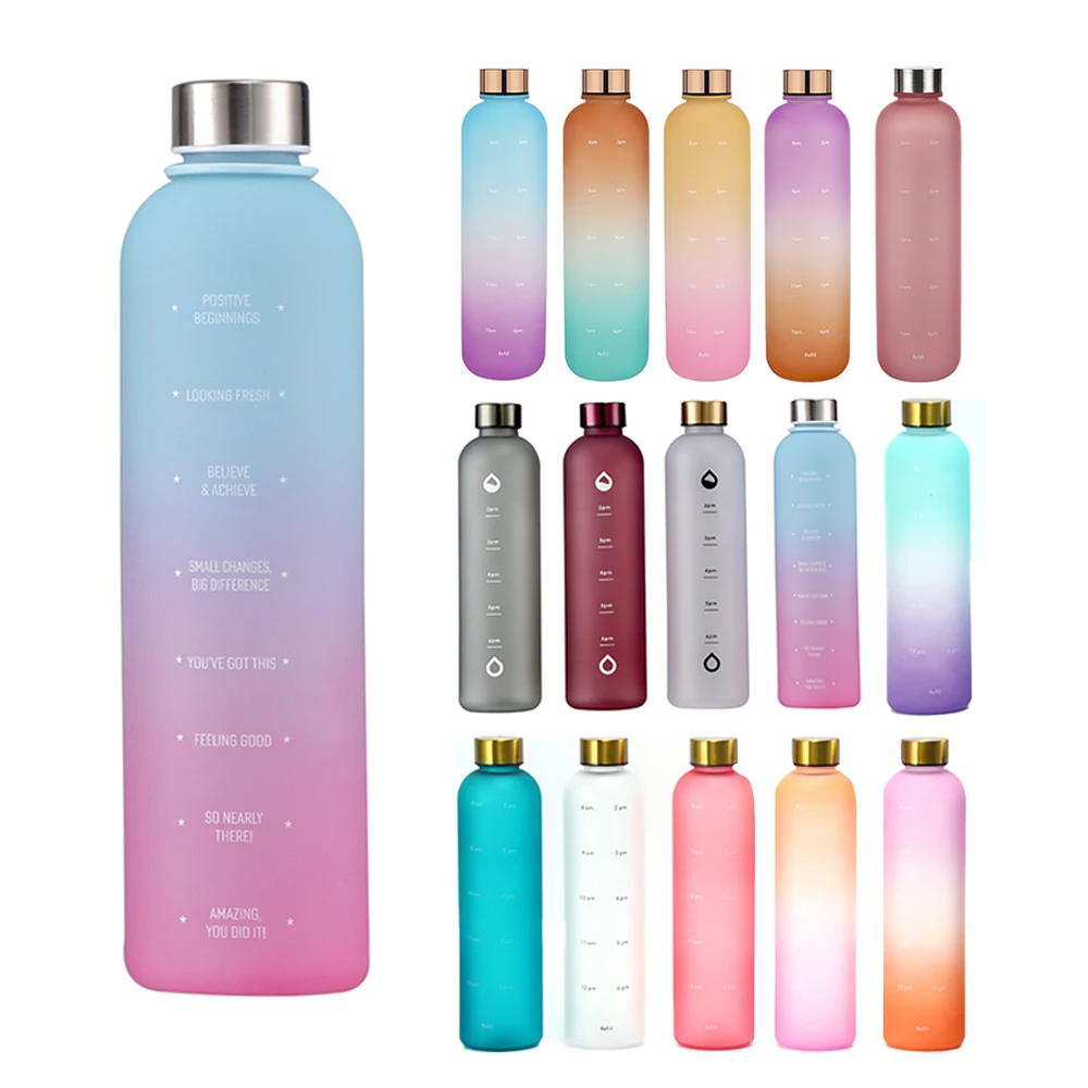 Custom Logo Bpa Free 1L Sports Motivational Tritan Plastic Water Bottle With Time Marker  Gradient Color Frosted Glass Cup
