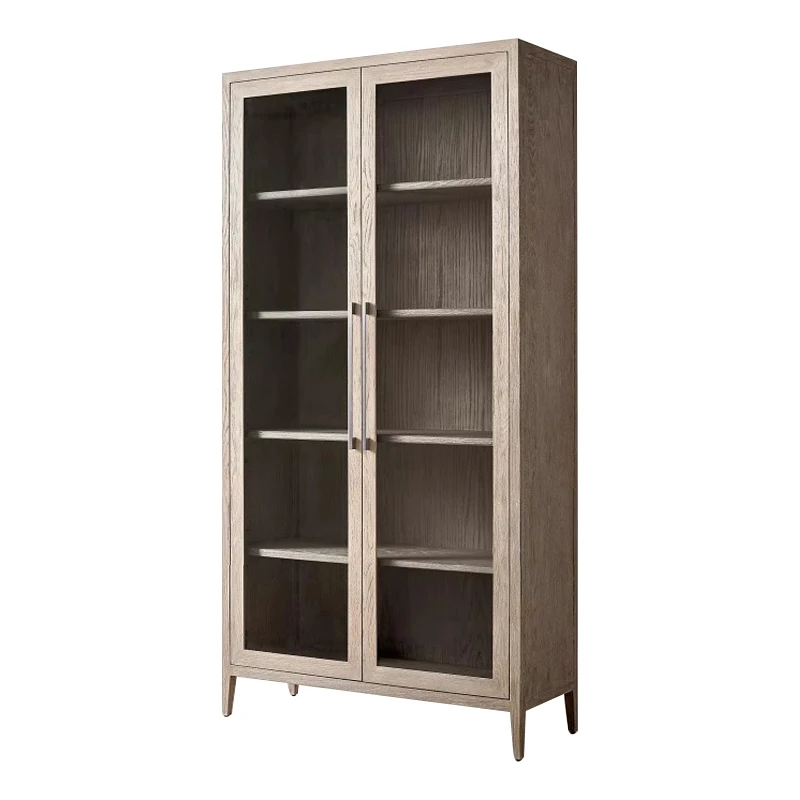 RH American Solid Wood Bookcase Living Room French Glass Door Display Cabinet Oak Retro Wall Locker Floor Cabinet Custom