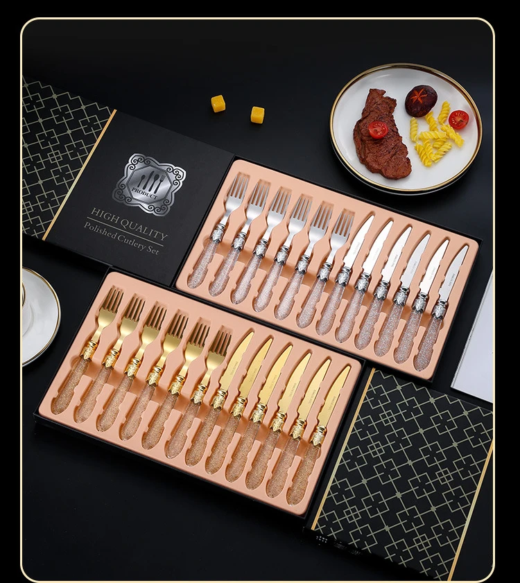 Luxury Hotel 12Pcs Plastic Handle Knife Fork Spoon Set Stainless Steel Flatware Sets Gold Cutlery Set For Wedding Restaurant