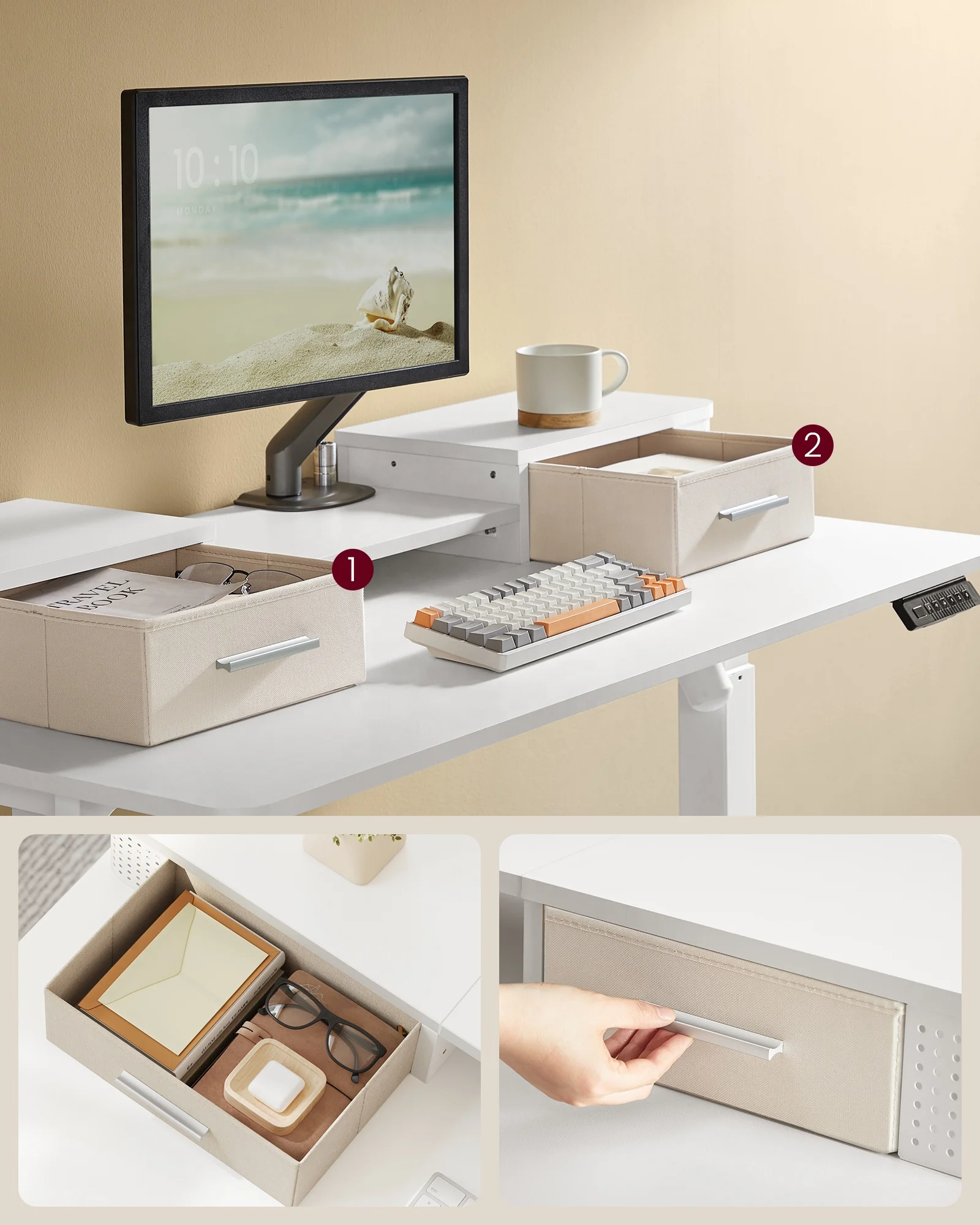 VASAGLE Height Adjustable Electric Desk with Memory Function and Monitor Stand Ergonomic Office Sit to Stand Standing Desk