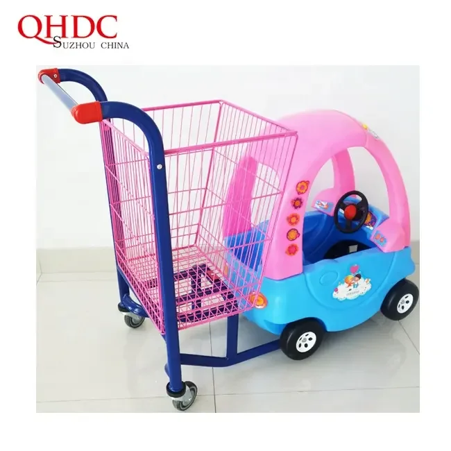 Plastic kids supermarket shopping trolley with toy car