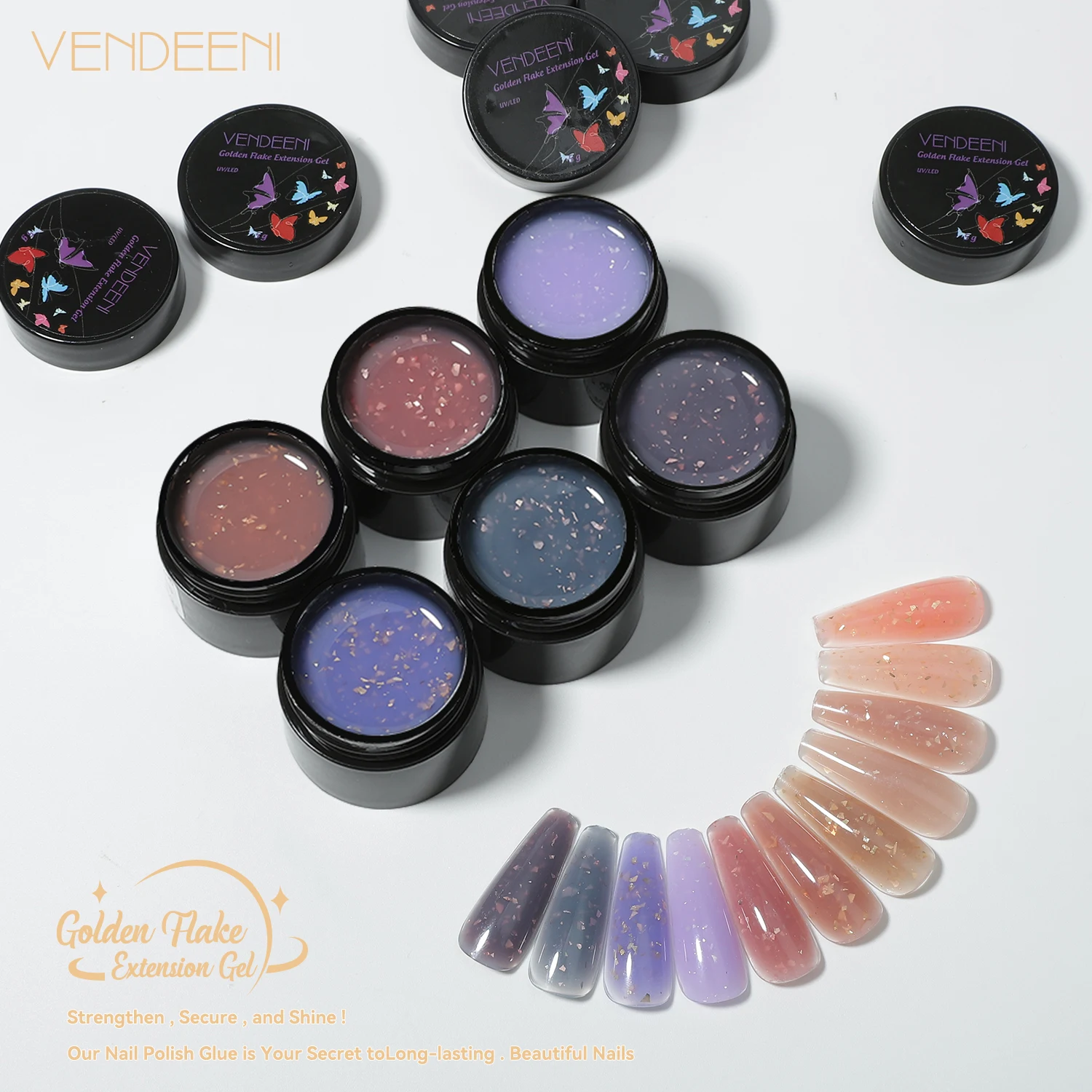Vendeeni gold flake gel for nail extension 20 colors poly gel nail kit hema free gel builder for nails low moq wholesale