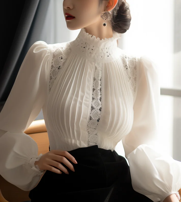 2024 Women Elegant Partywear Blouse White Color Stand Collar Long Sleeve Top Streetwear Slim Fit Blouse Officewear