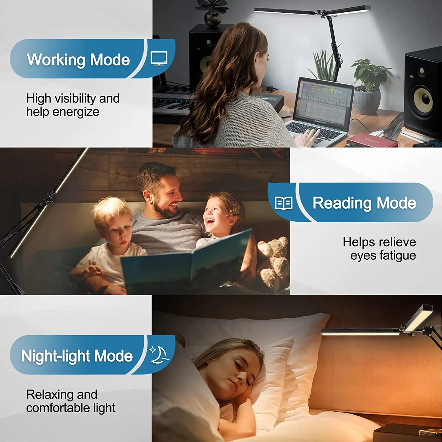 2 Heads Reading And Study Table Lamp With EU/US Plug Adjustable Swing Arm For Office/Study/Working