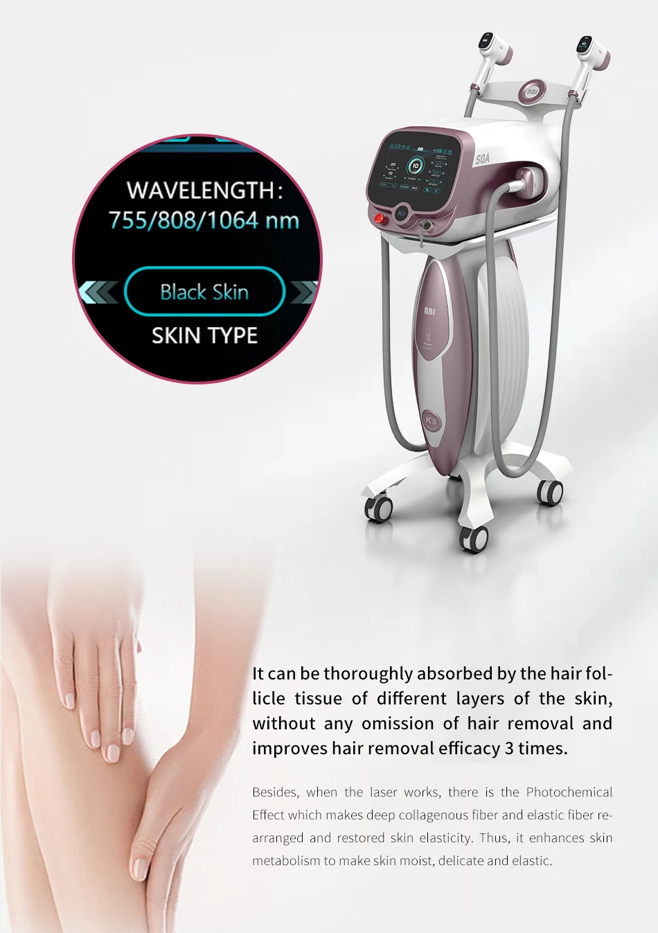 BBI 3 Wavelength 755nm 808nm 1064nm Diode Laser Hair Removal Machine System 2 Handles Alexandrite Laser