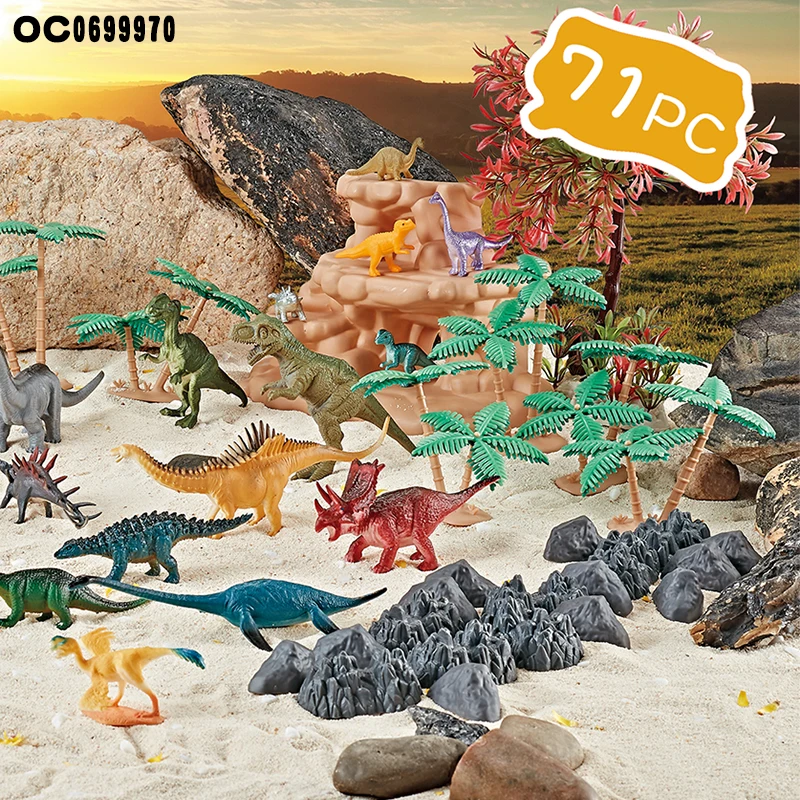 High quality plastic 71pcs funny dinosaur jungle play set toys for kids