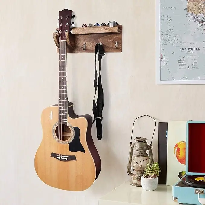 Multifunctional Wall Mount Guitar Hanger Shelf with Pick Holder and 3 Hooks