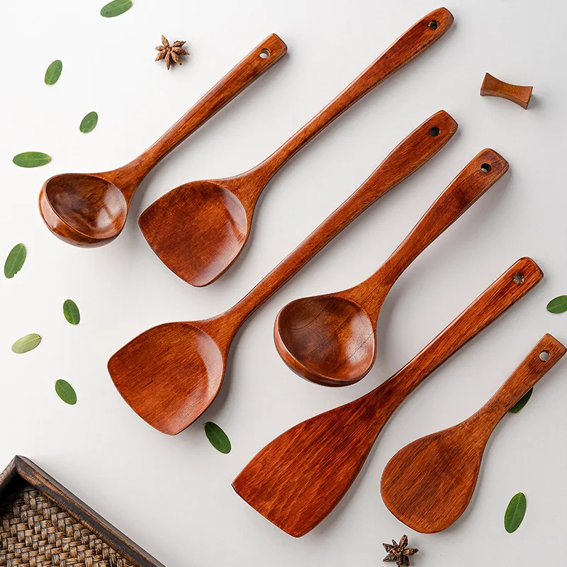 Wholesale Cooking Ladle Old Paint Long Handle Spatula Non-Thermal Non-Stick Pan Frying Shovel Wooden Spoon Full Set