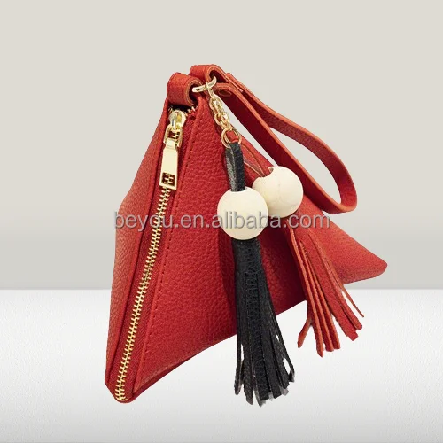 Red Black Triangle Women Handbag Purses Portable Leather Clutch Casual Zip Lock Bags Chic Hand Key Bag with Tassel