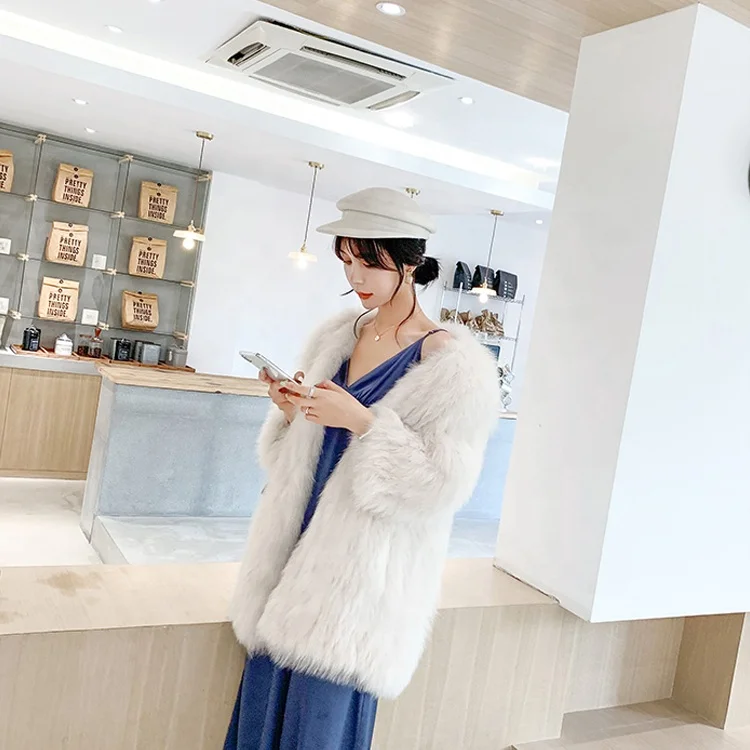 YR1096 New Arrival Plus Size Coats Women Winter Fluffy Knitted Jacket Natural Real White Fox Fur Coat