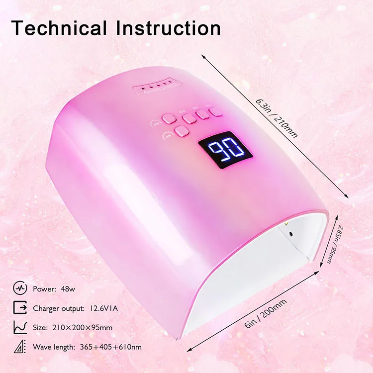 Professional Strong Power 48W Led UV Nail Lamp Pink Rechargeable Wireless Gel Nails Dryer For Polish Dry