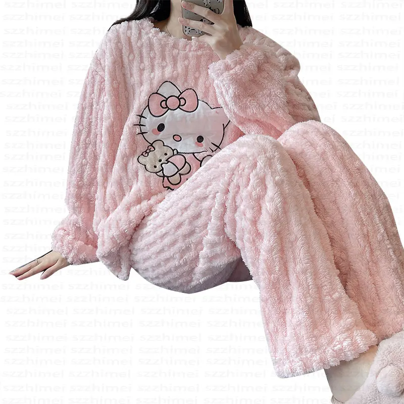Cheap Wholesale New Cartoon Helloed Cat Pajamas Flannel Winter Warm Plush Kitties Pyjamas Sets for Female Women Girls