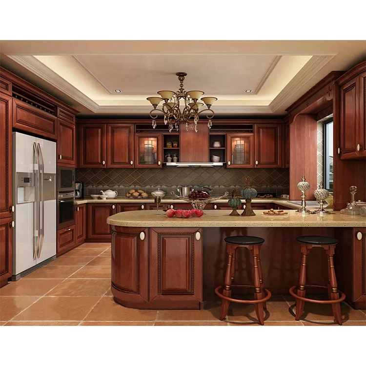 Foshan furniture manufacturers european style cabinets set pre assembled mahogany wooden kitchen cabinet with appliances