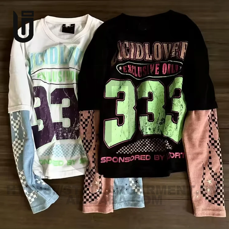 OEM Clothes Men Screen Printing 2 in 1 T Shirt man Unisex Hip Hop Streetwear Oversized Double Layer Long Sleeve T Shirt