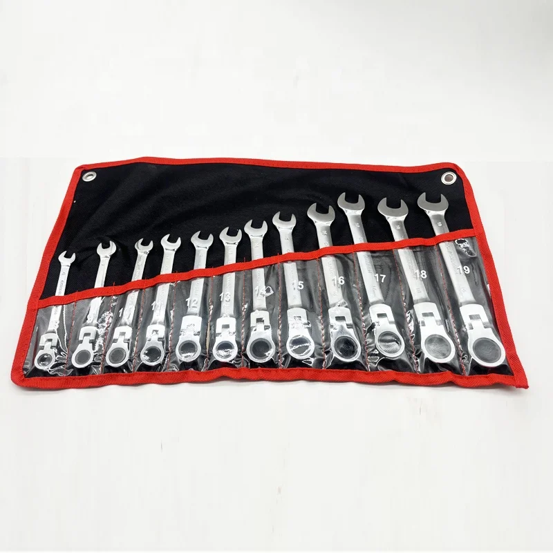 No.12S005 12pc Flex Head Ratcheting Combination Wrench Set With Rolling Bag - Flexible Ratchet Speed Wrenches