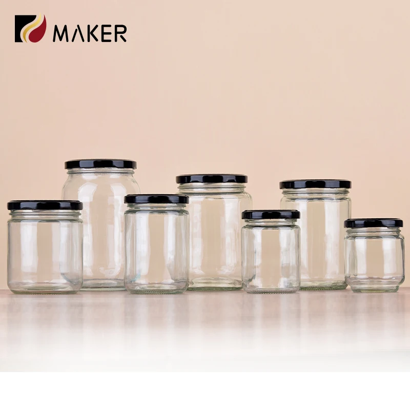 Custom High Borosilicate Airtight Honey Spices Nut Peanut Butter Pickles Jam Glass Food Storage Jar With Screw Caps Black Cover