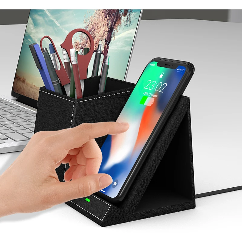 10w Qi Certificate Leather Desk Organizer Wireless Charger Pen Holder for iphone 13
