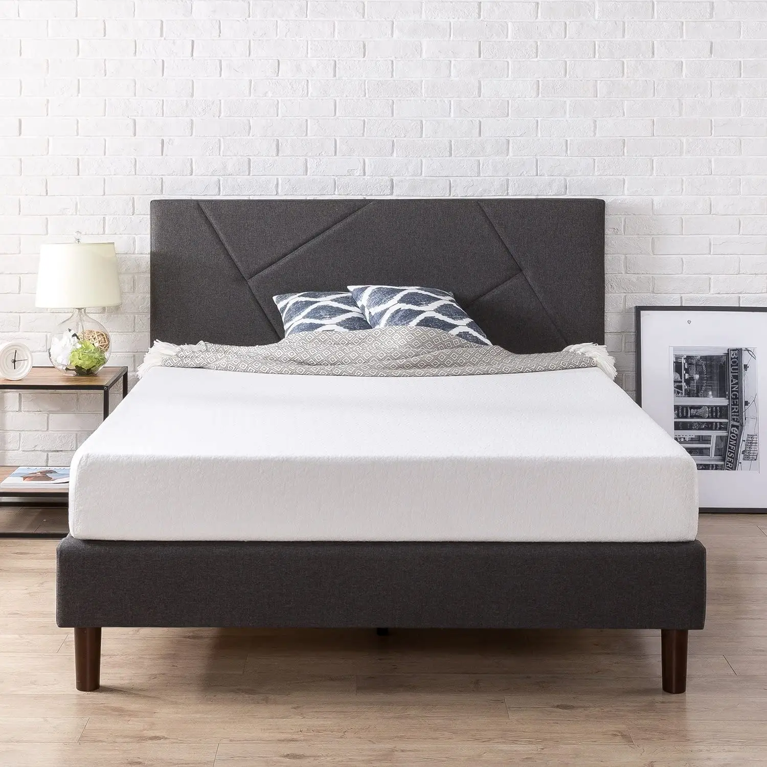 Modern Platform Bed frame With Wooden Slats, Queen Size, With Tufted Headboard for One Box Package