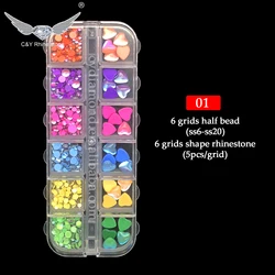 C&Y Half Pearls Beads Nail Stone Mix Shape Rhinestone Box Kit For Nails Flatback Glass Rhinestones