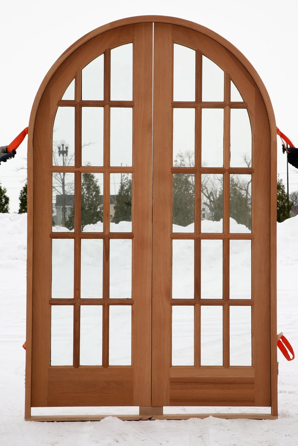 interior french double wood doors with arch and sidelights
